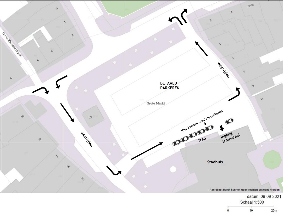 Plattegrond rijroute en parkeren bij Trouwzaal